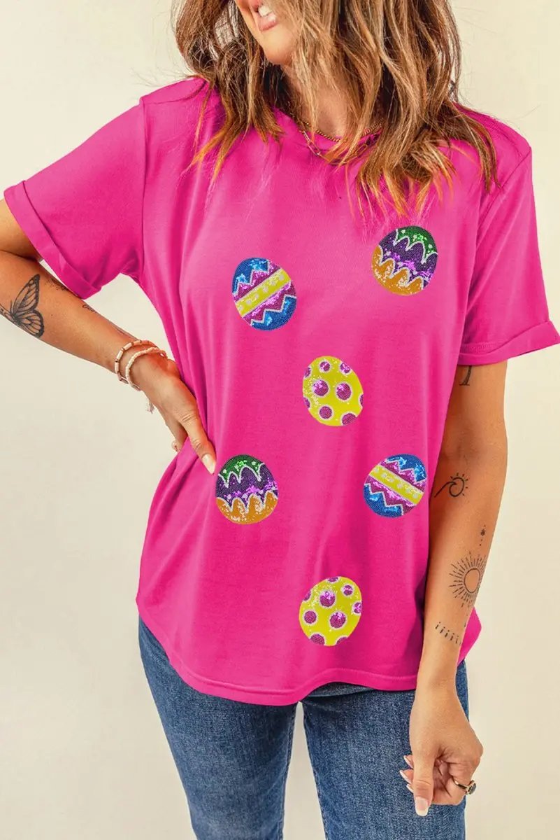 Rose Red Easter Eggs Patched Crew Neck Graphic Tee for Spring - Love Salve
